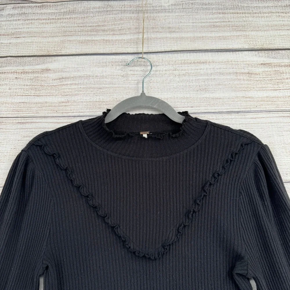 Free People Top Women S Black Ruffle Mock Neck Puff Sleeve Ribbed Knit